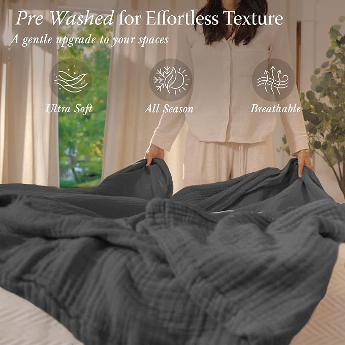 Threadmill Summer Muslin Twin Blanket | 4 Layer 100% Cotton Gauze Blanket | Pre Washed, Soft and Breathable Muslin Throw Blanket | Ideal for All Seasons | Lightweight Picnic Blanket| Dark Grey