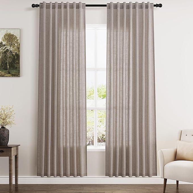 Nanspring Brownish Grey Linen Curtains for Living Room 80 Inch Length Back Tab Light Filtering Semi Sheer Curtain Modern Farmhouse Decor for Bedroom Office Luxury Textured Drapes 52x80, 2 Panels