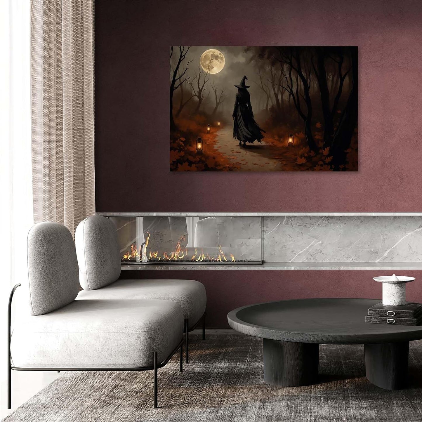 Moonlight witch poster dim lantern Halloween decoration Gothic style dark retro college style canvas wall art suitable for living room bedroom20x30in Wood Framed