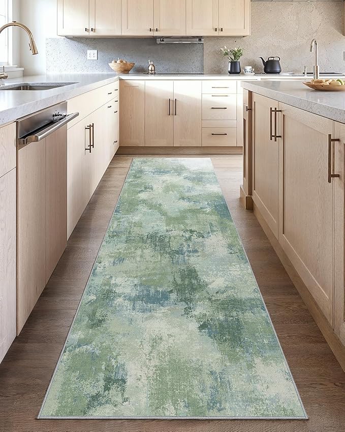 Runner Rugs for Hallway 2'6"x10', Modern Abstract Machine Washable Runners for Kitchen Entryway Bathroom Bedroom Laundry RoomLow Pile Lightweight Thin Non Slip Runner Rug, Green