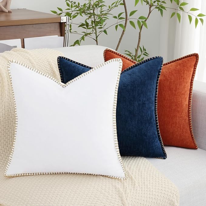 decorUhome Chenille Soft Cozy Throw Pillow Covers 22x22 Set of 2, Modern Farmhouse Boho Velvet Decorative Euro Sham Pillow Cases with Stitched Edge for Couch Sofa Bed Home Decor, Poseidon