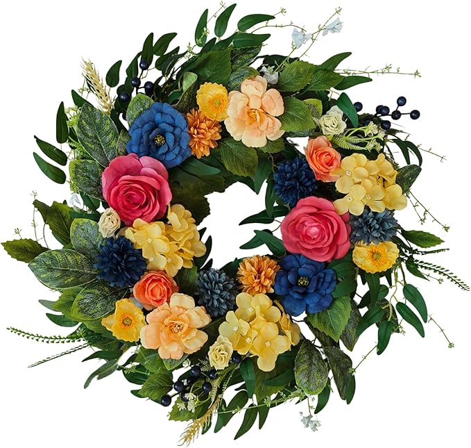 Spring Wreaths for Front Door, 22 Inch Summer Wreath with Roses & Hydrangeas, Outdoor Wreath for Spring Summer Door Decor