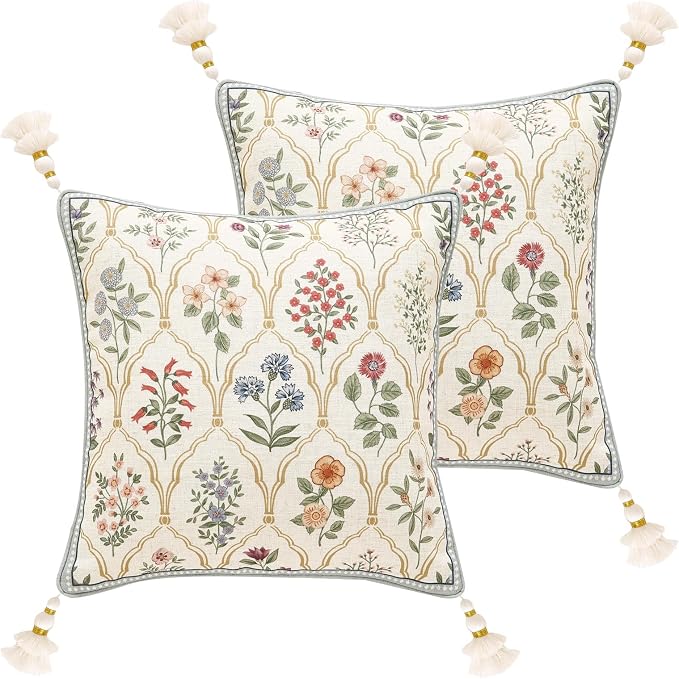ISAENNE Designer Linen Throw Pillow Cover,Set of 2,18"x18"-Serenity B | Vintage Elegant Square Decor Pillow Cover,Concealed Zipper Design,Colorful Floral Pattern,Sofa,Bedroom,Living Room,Chairs
