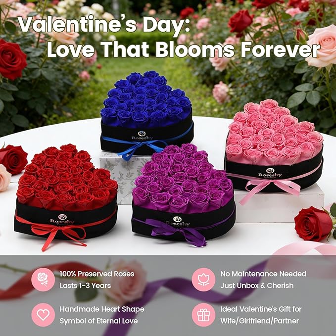 Valentines Day Flowers Roses Gifts for Her,28pcs Pink Forever Preserved Roses in Heart Shape Gift Box,Valentines Day Delivery Prime Gifts-Roses Gifts for Women,Mom.