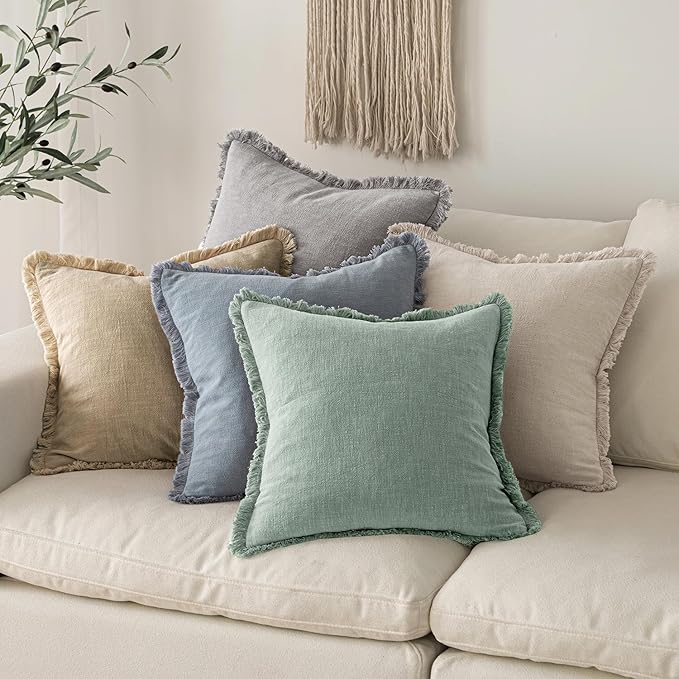 MIULEE Decorative Throw Pillow Covers Neutral Linen Fringe Throw Pillows Euro Shams Set of 2 Light Blue Boho Farmhouse Cushion Covers for Couch Sofa Bed Living Room Spring Home Decor 22x22 Inch