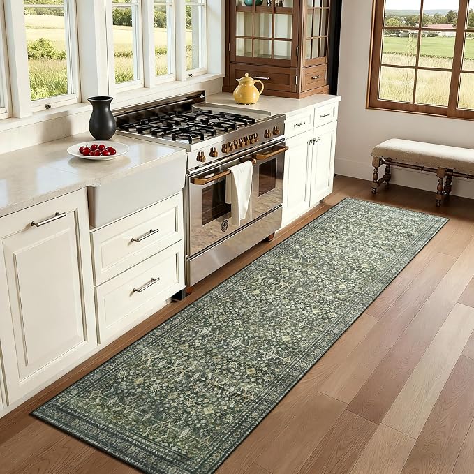 Lofus 3' X 8' Area Rug for Hallways,Green Washable Runner Rugs with Non Slip Rubber Backing, Low Pile Soft Carpet Runner for Kitchen Bathroom Bedroom Laundry