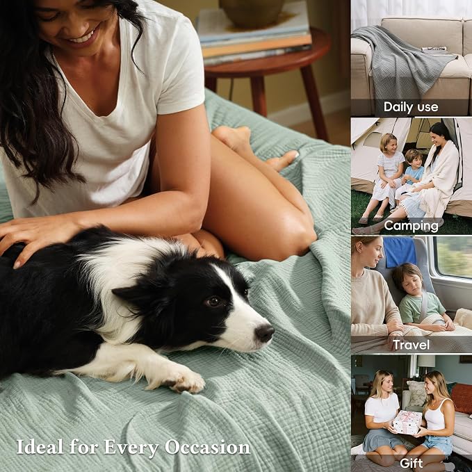 David's Home 100% Natural Cotton Muslin Blanket Queen Size, 4-Layer Soft Breathable Lightweight Cozy Throw Guaze for Hot Sleepers, 3D Bubble Room Decor for Bed Couch, Giftable, Sage Creen, 90"x90"