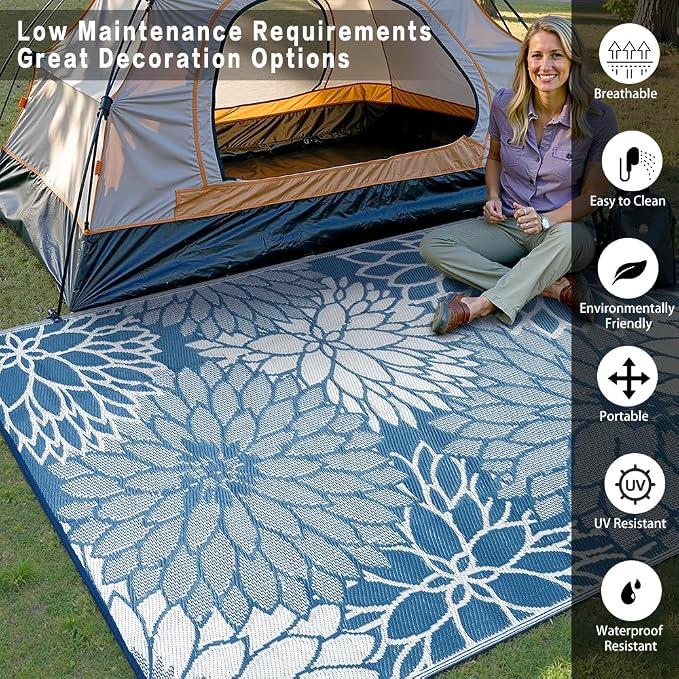 HUGEAR 6'x9' Outdoor Rug Waterproof Plastic Straw Rugs Blue Reversible Floral Mat Floor Carpet for Camping RV Deck Entryance Porch Picnic Balcony Beach Backyard
