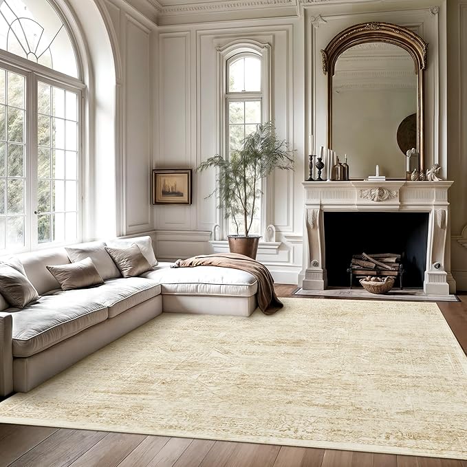 Soalmost 6x9 Area Rug for Living Room Floral Washable Non-Slip Modern Rugs for Bedroom Dinning Room Ultra-Thin Indoor Beige