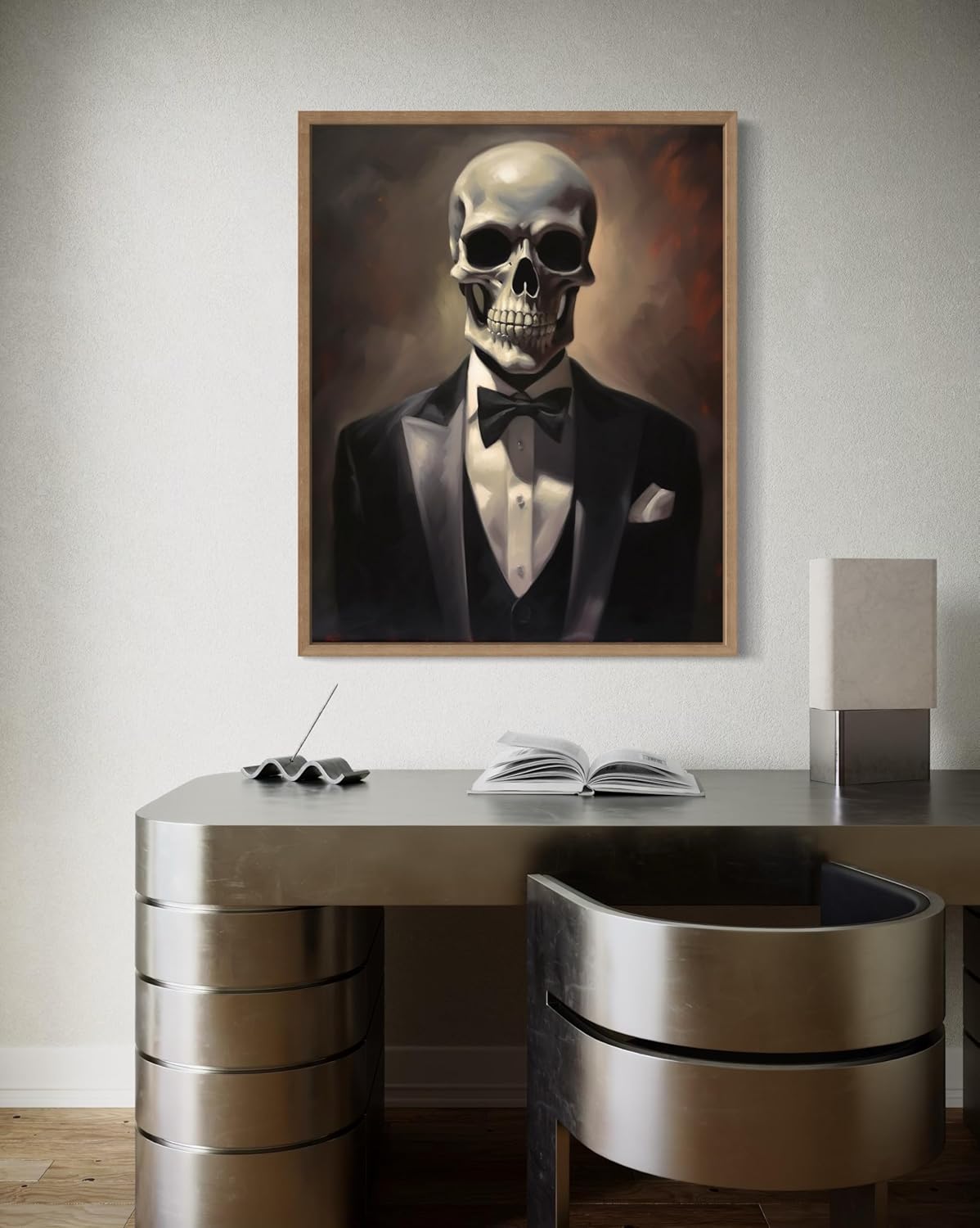 Skull Portrait Poster Art Print, Halloween Scary Vintage Wall Art Academia Spooky Painting Decoration for Horror Prints, Gothic Posters Bedroom Decor 89 (Skull Portrait, 16 x 20 inches, Wood Frame)