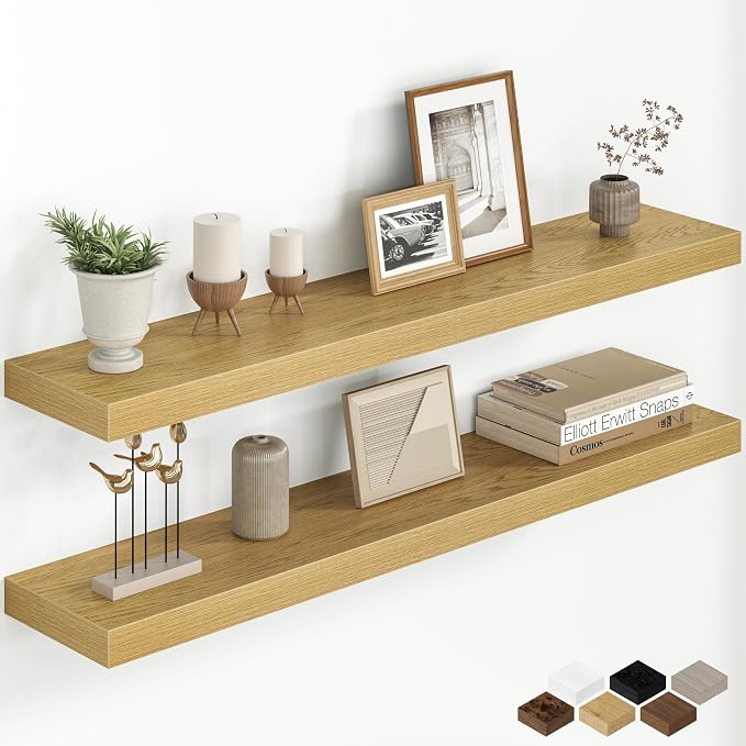 Fun Memories 40 Inch Floating Shelves for Wall, 8 Inch Deep Rustic Wood Floating Shelves Set of 2, Wall Mounted Hanging Shelf with Invisible Brackets for Bathroom, Bedroom, Kitchen, Living Room, Oak