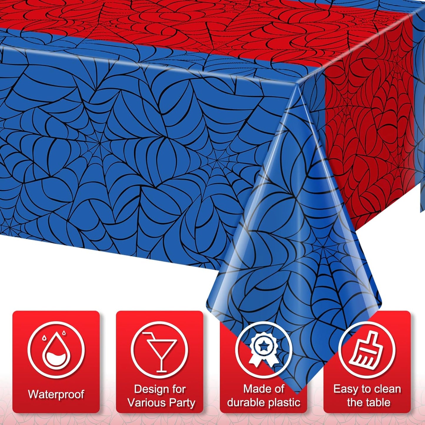 3Pcs Spider Web Themed Birthday Party Tablecloth Decorations,Blue Hero Plastic Table Cover with Red Runner Disposable Rectangle Table Cloth for Baby Shower Kids Boy Birthday Party Supplies,54x108 Inch
