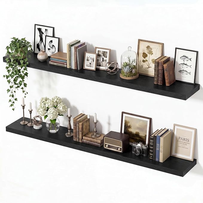Vivelove Black Floating Shelves for Wall with Invisible Brackets, Long Large Floating Shelves Under TV Over Fireplace Bedroom Living Room Office, 55”X 8”X 1.4", Set of 2 - Black