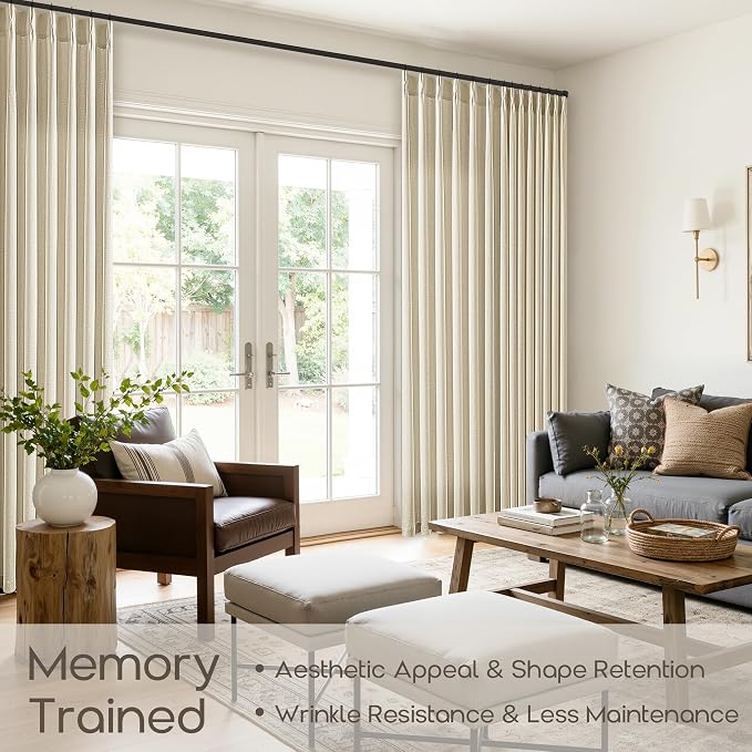 Extra Wide Pleated Linen Curtains 84 Inch 1 Panel Cream Beige Semi Sheer Light Filtering Privacy Pleat Curtains for Living Room Bedroom Memory Trained Shaped Thick Linen Sliding Door Drapes 70x84