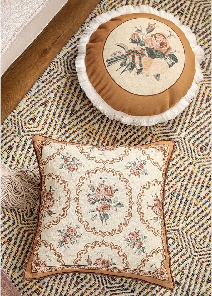 patdrea French Vintage Linen Pillow Cover,Diameter 16"-ParkerEstate D | Decorative Pillow Case with Zipper,Bird and Floral Pattern,Cushion Coverfor Couch Living Room Bedroom Sofa