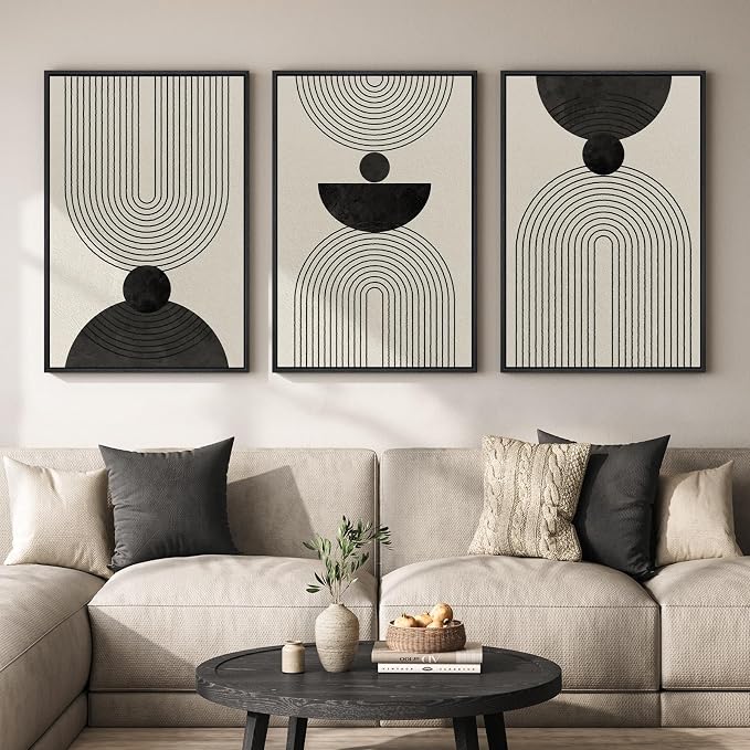 Framed Black and White Abstract Wall Art for Living Room, 3 Piece Modern Geometric Minimalist Canvas Artwork for Walls, Large Boho Neutral Prints Wall Decor for Bedroom Home Office Hallway, 24x36 Inch