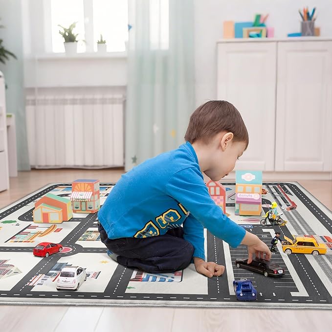 4x6ft Kids City Road Car Play Rug - Non-Slip Faux Wool Carpet with Interactive City Map Design, Educational Toy Vehicle Mat for Kids, Bedroom Playroom Nursery Gift.