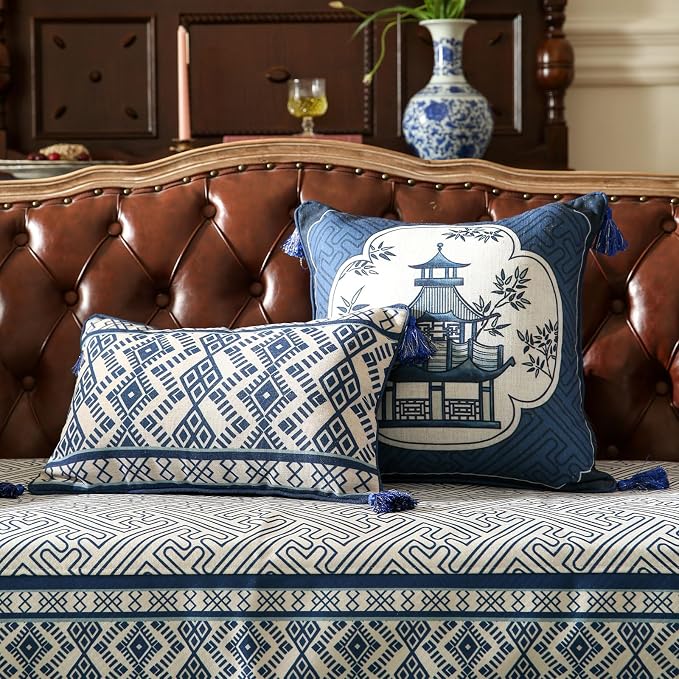 bilin gaier Designer Vintage Linen Throw Pillow Cover,20"x12"-Suqing D | Vintage Elegant Rectangular Blue Pillow Cover,Concealed Zipper Design,Sofas,Bedroom,Living Room,Dining,Lounge Chairs