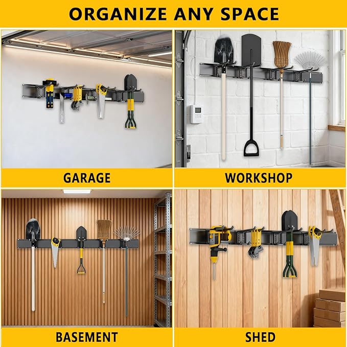 Garage Tool Organizer Wall Mount, 48inch Heavy-Duty Garage Storage System and Garden Tool Organizer with 6 Adjustable Double Hooks for Shovel, Snowboard, Yard Tools and Shed