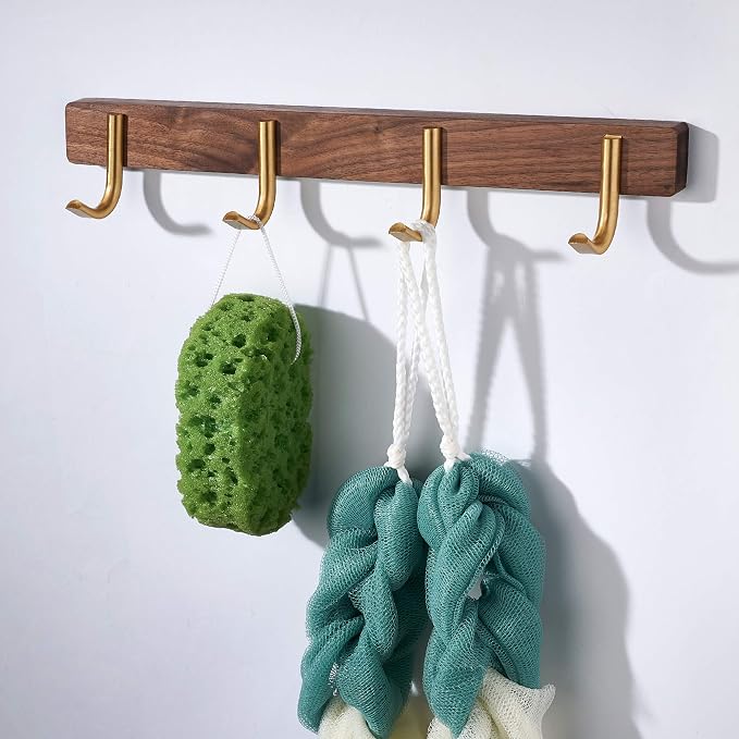 Wall Mounted Coat Rack, Entryway Hanging Coat Rack, Metal Wood Coat Rail with 4 Rustic Hooks Rail for Coat, Scarf, Bag, Towel, Key, Cap, Hat, Walnut Gold Matt
