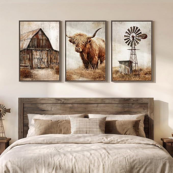 Framed Farmhouse Cow Wall Art for Living Room, Large Vintage Country Highland Cow Canvas Paintings Wall Decor Set of 3, Retro Rustic Country Pictures Prints for Bedroom Dining Room Hallways Office 20x30 In