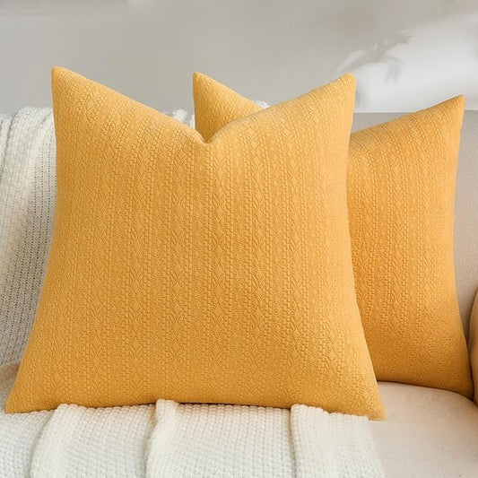 FUTEI Mustard Yellow Chenille Throw Pillow Covers 20x20 Inch Set of 2,Soft Striped & Diamond Textured Cushion Cases,Modern Home Decor for Couch Living Room