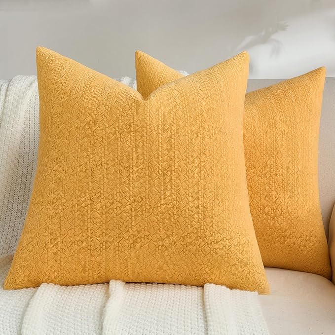 FUTEI Mustard Yellow Chenille Throw Pillow Covers 22x22 Inch Set of 2,Soft Striped & Diamond Textured Cushion Cases,Modern Home Decor for Couch Living Room