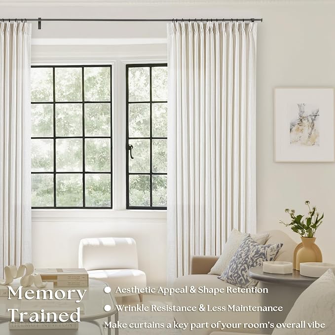 Natural Cream Pinch Pleated Linen Curtains 92 Inches Long for Living Dining Room Bedroom Thick Linen Pinch Pleat with Hooks Rings Back Tab Light Filtering Boho Farmhouse Semi Sheer 92 Inch Curtain