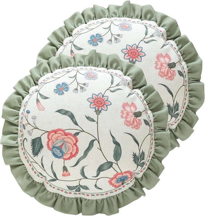 ISAENNE Designer Linen Throw Pillow Cover,Set of 2,Diameter 16"-Daffy A | Vintage French Elegant Round Pillow Cover,Concealed Zipper Design,Floral Pattern,Sofa,Bedroom,Living Room,Lounge Chairs