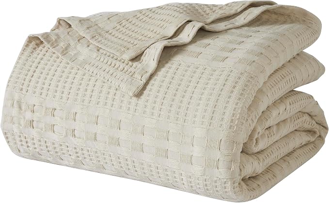 VHC Brands 100% Cotton Waffle Weave King Blanket 108"x90", Decorative Lightweight Spring and Summer Throw Blanket, Bedroom Decor for Bed, Couch, or Sofa, Natural