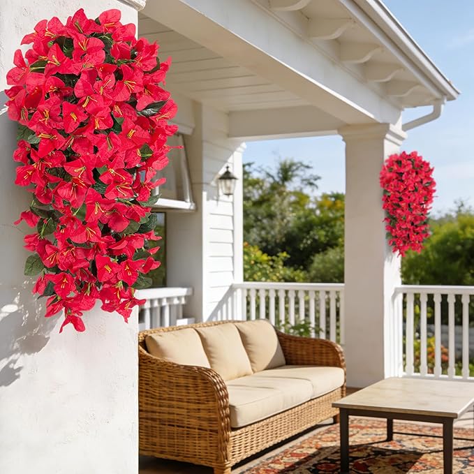 Fake Bougainvillea Artificial Flowers for Outdoors Decoration 2 pcs Faux Hanging Flowers Plants for Outdoor Planters UV Resistant Silk Bougainvillea Vines for Front Door Porch Urn Patio Garden