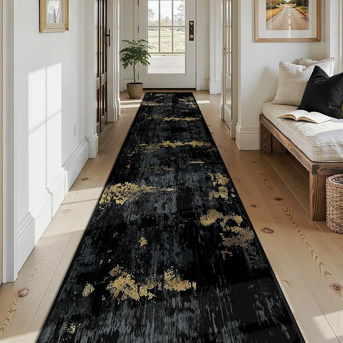 RELEANY Washable Area Rugs 2'6'' x14 Non-Slip Modern Abstract Soft for Living Room Entryway Bedroom Nursery, Print Pattern, Dark Black Gold