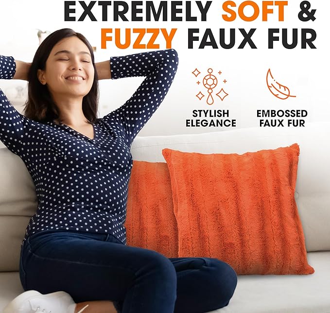 Cheer Collection Fall Decorative Throw Pillows for Couch – Set of 2 Faux Fur Fall Pillows for Couch, Cozy Fall Couch Pillows for Living Room or Bed, Soft, Rust Accent Pillows, 24" x 24"