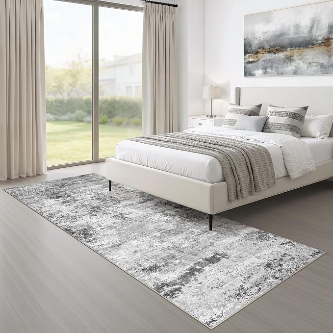 Runner Rug Non-Slip Kitchen Rug: 3x10 Washable Abstract Modern Soft Stain Resistant Indoor Floor Neutral Accent Throw Carpet for Hallway Bathroom Laundry Room Bedroom Entryway- Black Gray