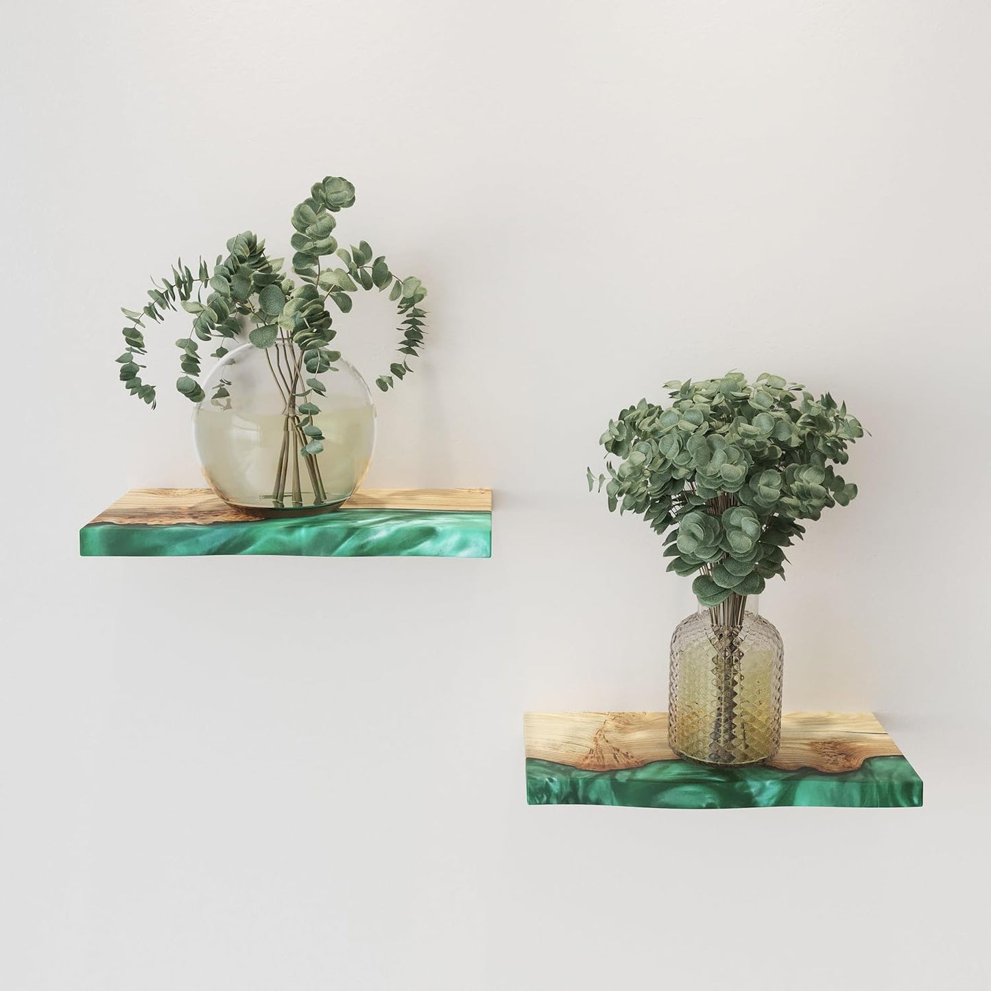 RWA Unique Live Edge Floating Shelf for Wall - Stylish Hanging Shelves for Room Wall Bedroom Bathroom Office Decor, Epoxy and Wood Wall Shelf Plank - Elegant Wall Mounted Shelves (green, 12x6")