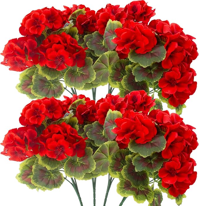 lovemoon 8 Pcs Artificial Geranium Plant Realistic Silk Flowers for Outside UV Resistant Faux Geraniums Flowers for Indoor Outdoor Home Garden Office Decoration (8, Red)