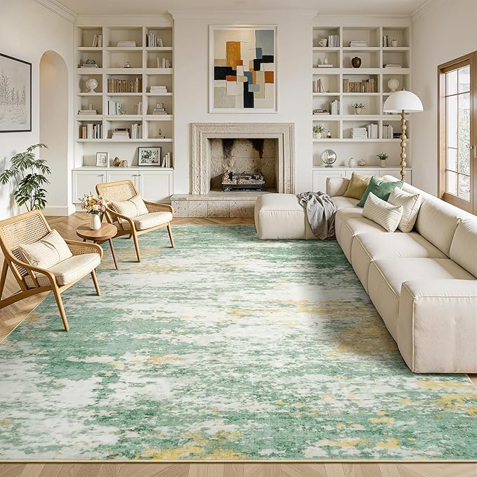 Lofus 9x12 Area Rug for Living Room,Abstract Large Rugs with Non-Slip Backing, Neutral Modern Washable Carpet for Bedroom Dining Room Home Office Nursery Indoor, Light Green/Yellow