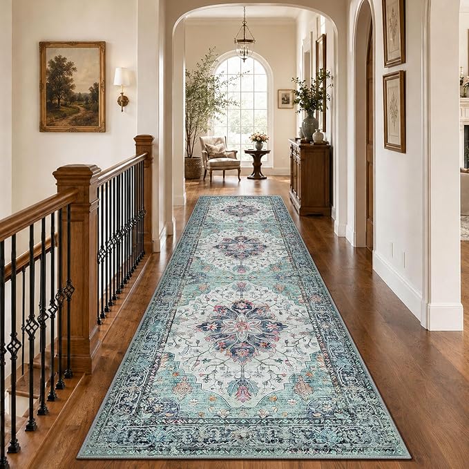 RELEANY Area Rugs Runner 3'x10' Washable Non-Slip, Floral Vintage Distress Medallion Carpet for Kitchen Hallway Bedroom Beside Laundry Room Bathroom, Green Navy Blue White Red Teal