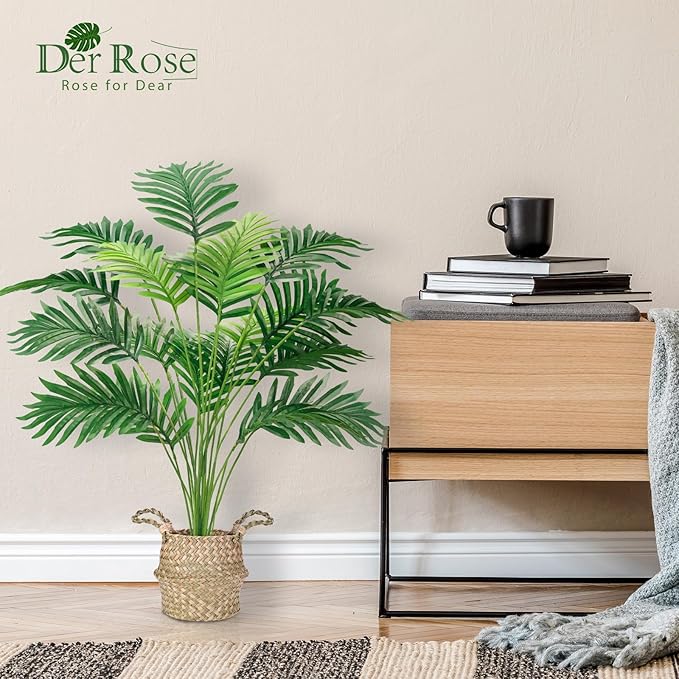 Der Rose Fake Palm Tree 28Inch Faux Plant Potted Tall Fake Plant with Hand-Woven Baskets Artificial Tree for Indoor Outdoor Home Office Bedroom Porch Balcony Decor