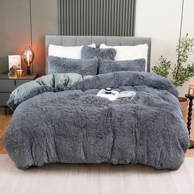 Fluffy Plush Duvet Cover Set Twin Size, Luxury Ultra Soft Velvet Fuzzy Comforter Cover Bed Sets 3Pcs(1 Faux Fur Duvet Cover + 1 Pillow Cases + 1 Pillow Cover) Zipper Closure (Twin, Dark Gray)