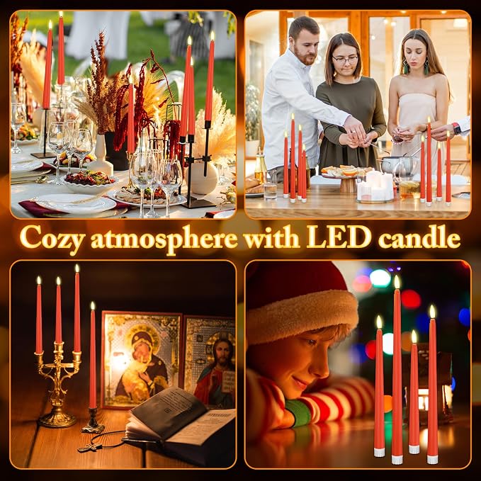 Rossesay 28 Pcs Flameless Taper Candles with Timer Remote 4 Sizes of 8.5", 9.6", 10.83", 12.8" LED Flickering Taper Candles Battery Operated for Valentine's Day Church Wedding Home Decor(Orange)