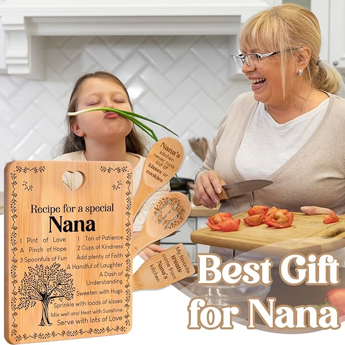 Gifts for Nana - "Recipe for a Special Nana" Nana Birthday Gifts Cutting Board Set, Bamboo-Made Engraved Utensil Set Nana Birthday Gifts, Grammy/Nanny/Granny/Gran Presents, Mothers Day Gifts for Nana