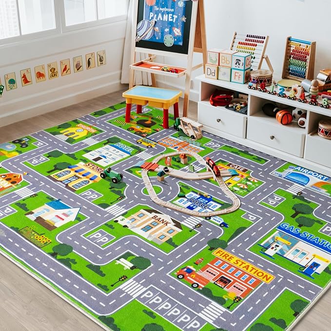 Car Rug Play Mat for Kids Toy Cars, City Road Traffic Playmat for Kid Bedroom, Non-Slip Machine Washable Kids Rugs for Learn and Have Fun 4'x5'/ 48"x60", Green