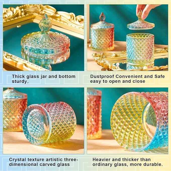 Aoriher 4 Pcs Crystal Glass Candy Jar Set with Lids Home Decorative Storage Jars for Apothecary, Bathroom, Kitchen, and Pantry, Ideal for Cotton Swabs and Jewelry(Medium,Colorful)