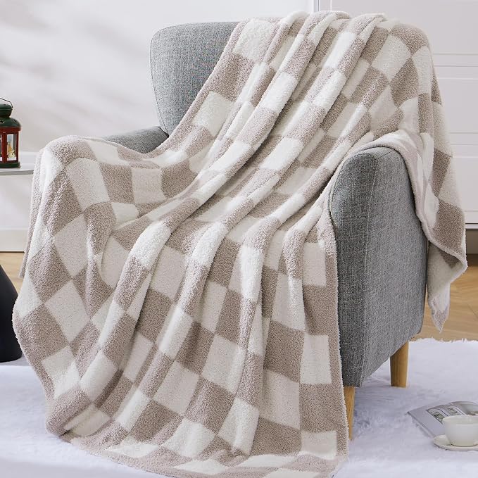WRENSONGE Soft Checkered Throw Blanket for Couch-Cozy Warm Knitted Blankets | Lightweight Warm Fluffy Decor for Women, Mom, Her & Girls, Sofa, Chair, Bed, 50x60in,Taupe