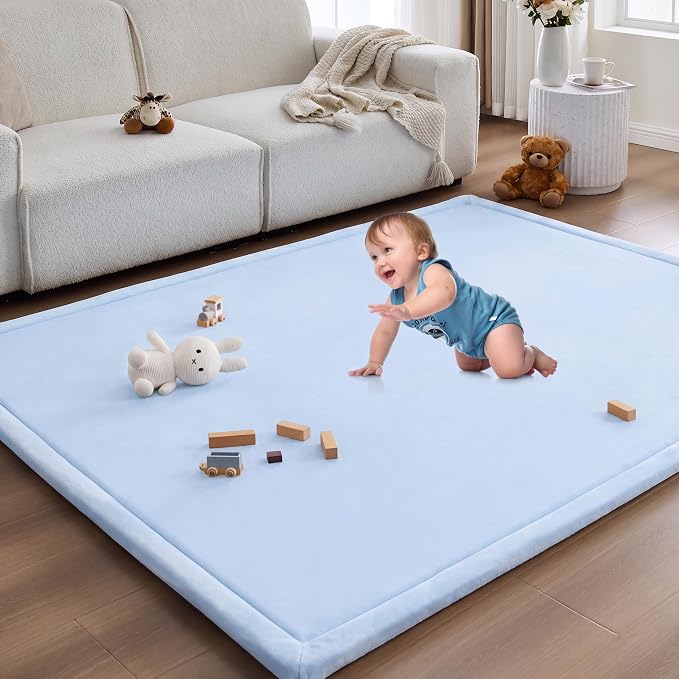 Baby Play Mat for Floor Nursery Rug Muscle Area Playroom Rug Elastic Foam 59x79" Playpenmat Elastic Foam 1.3" Thick Crawling Mat for Babies,Toddlers, Infants, Kids(Ripple Light Blue)