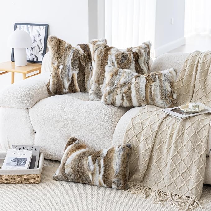 MOOX Rabbit Fur Pillow Covers Set of 2 Fur Throw Lumbar Decorative Pillow Fuzzy Soft Fluffy Genuine Animal Skin 12"x20" Sofa Couch Bed Cover, Couch-Yellow White