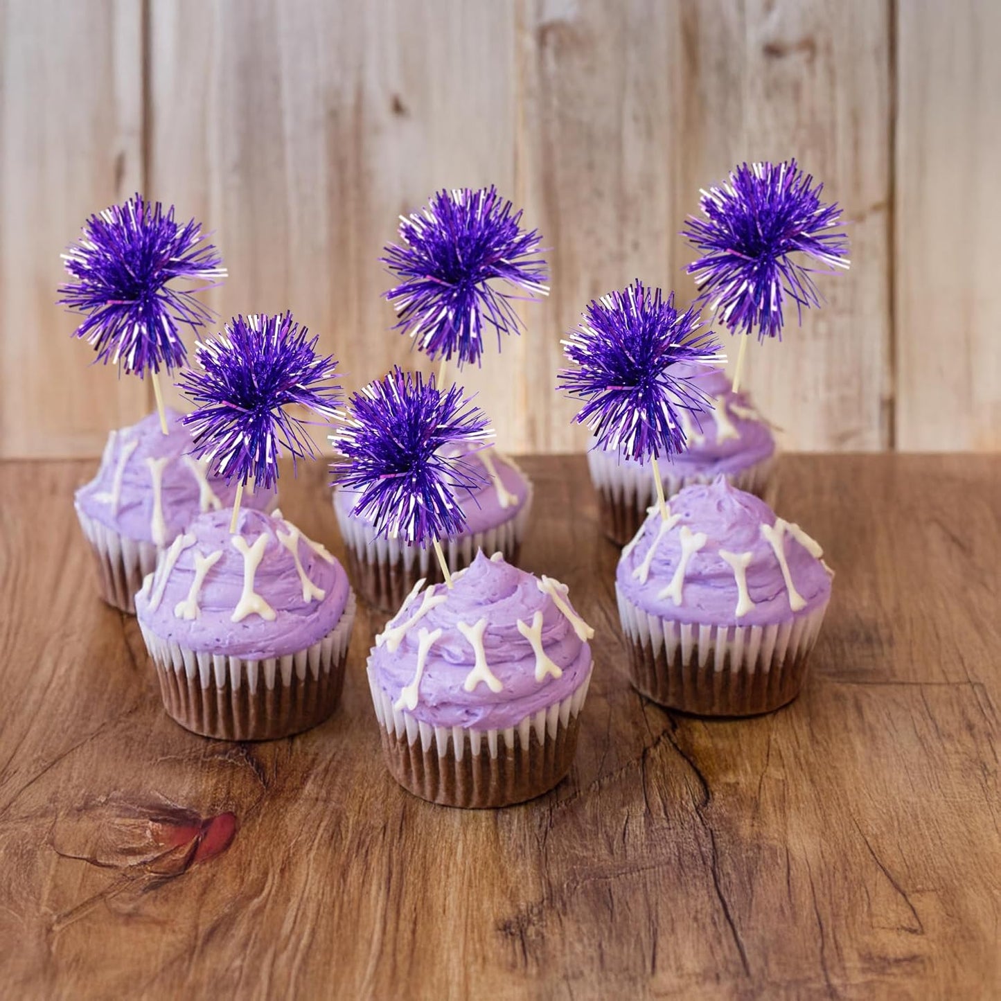 Ephlyn 30Pcs Foil Firework Cupcake Toppers Party Birthday Cake Toppers Supplies Sparkle Tinsel Cocktail Fruit Toothpick for Birthday Wedding Graduation Party Supplies Purple