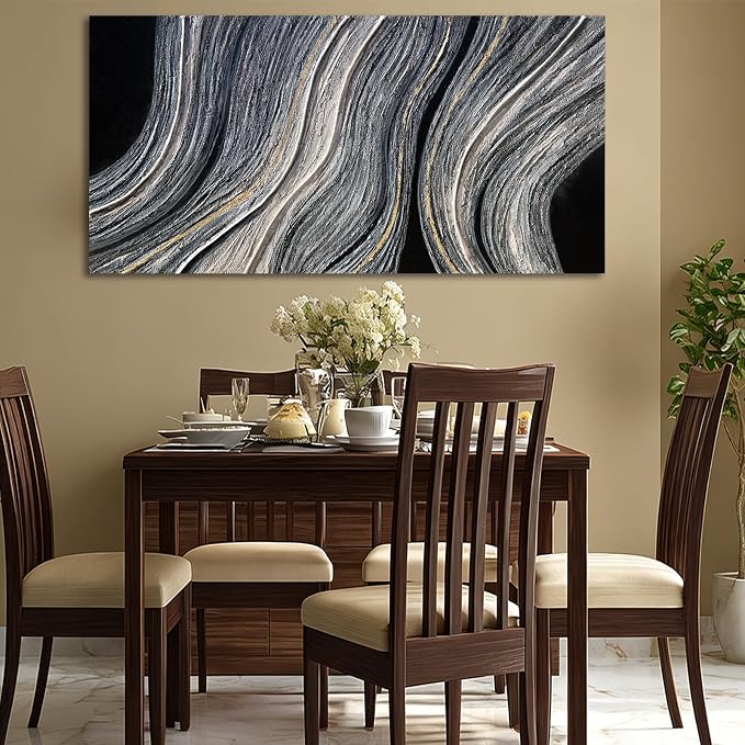 ZUNARE Modern Abstract Canvas Wall Art with Blue Gray and gold Linear Design, Minimal Tonal Artwork Creating a Peaceful Atmosphere for Bedroom Living Room Office Kitchen 24"x48"