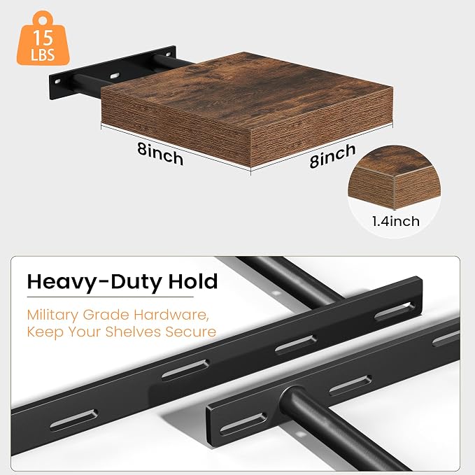 Fun Memories Floating Shelves for Wall, 8 Inch Set of 4 Rustic Wood Wall Shelves with Invisible Brackets, Heavy Duty Storage Display for Bathroom Bedroom Living Room Kitchen, Brown